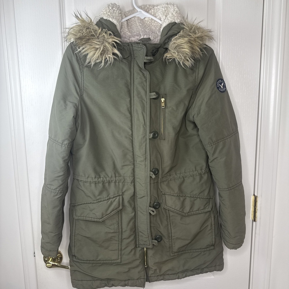 American Eagle Olive Parka Jacket S Faux Fur Hood Sherpa Lined Utility Coat